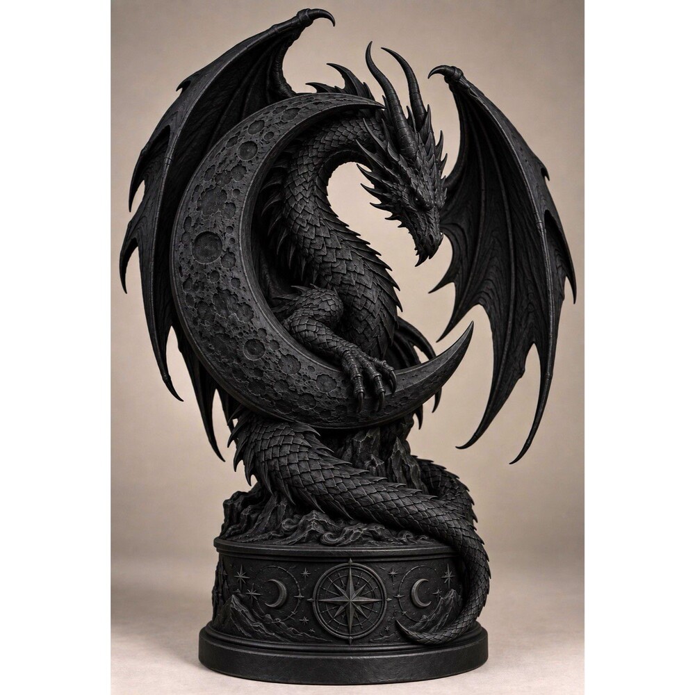 Black Fantasy Dragon Statue Bust with Wings 3D Printed Resin Figurine 10 in